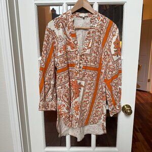 Columbia Studio F Cream/Orange Paisley Tunic; Sz. L; Gold tone ball buttons